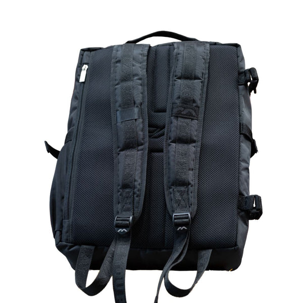 Mercian HOEL26BLK black hockey backpack rear view with padded shoulder straps and mesh back panel