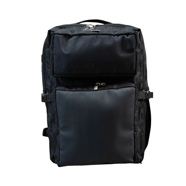 Mercian HOEL26BLK black hockey backpack front view with multiple storage compartments and adjustable side straps
