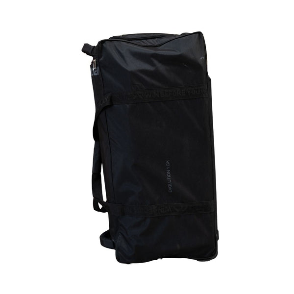 Mercian HOEV126GKBLK black goalkeeper hockey wheel bag side view with Evolution 1 GK branding and reinforced carry straps