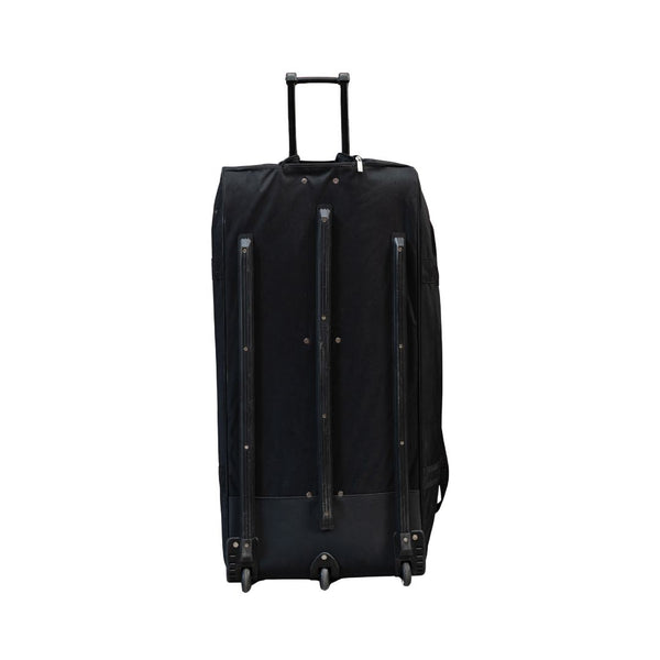 Mercian HOEV126GKBLK black goalkeeper hockey wheel bag rear view with telescopic handle and rolling wheels