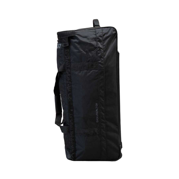 Mercian HOEV226GKBLK black goalkeeper hockey wheel bag opposite side view with Evolution 2 GK branding and carry handles.