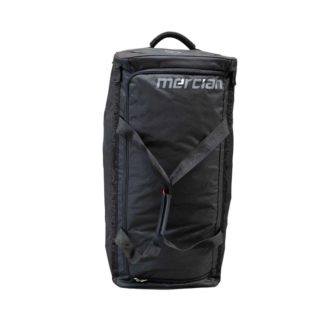 Mercian HOEV226GKBLK black goalkeeper hockey wheel bag front view with large storage compartment and shoulder carry strap.