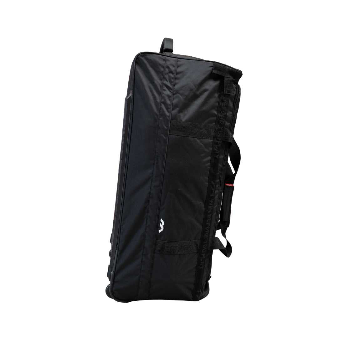 Mercian HOEV226GKBLK black goalkeeper hockey wheel bag side view with reinforced carry straps and durable outer shell.