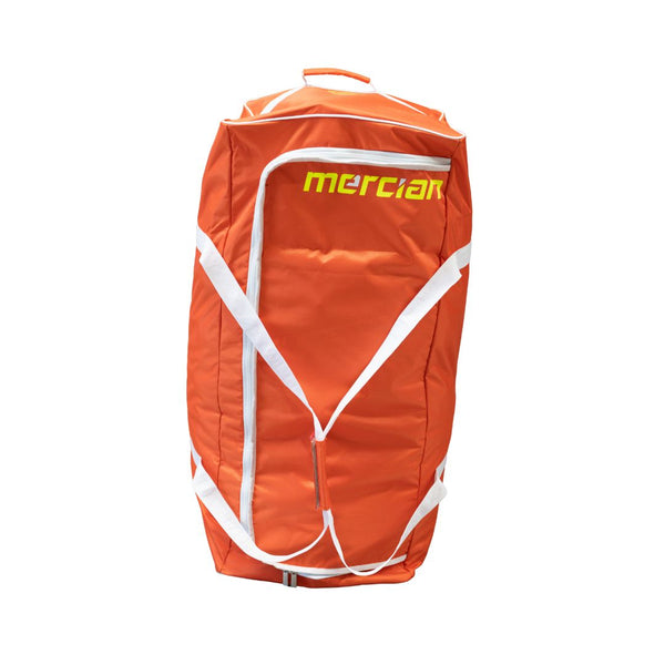 Mercian HOGE226GKORG orange wheeled goalkeeper hockey bag front view with oversized vertical zip opening and Mercian branding.