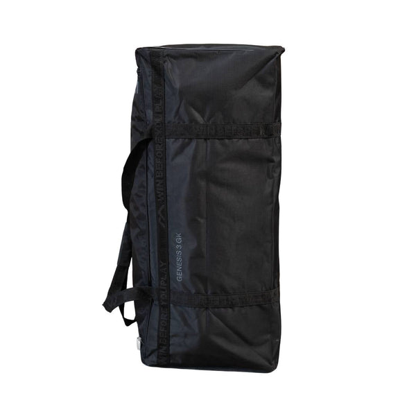 Mercian HOGE326GK black goalkeeper hockey equipment bag side view with Genesis 3 GK branding and reinforced carry straps.