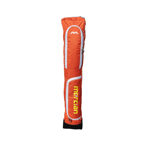 Mercian HOGE326ORG orange hockey stick bag front view with external accessory pocket and white trim detailing