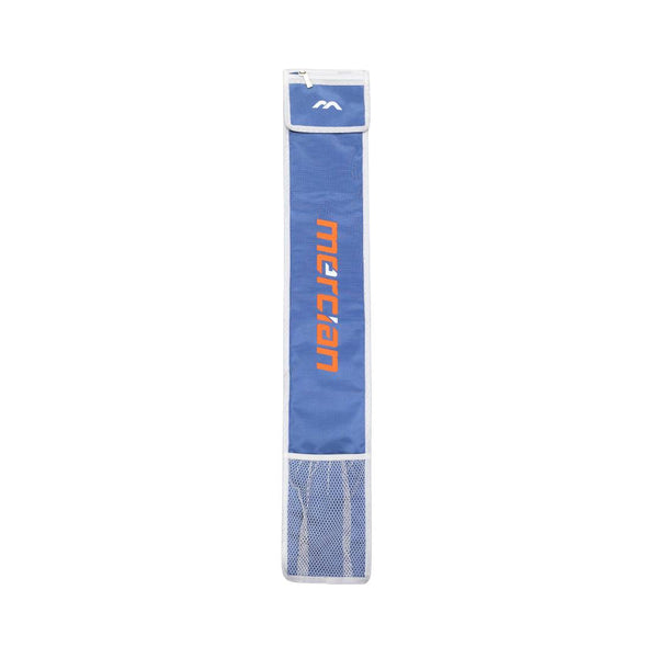 Mercian HOGE426BLU blue hockey stick bag front view with orange Mercian branding, white trim detailing and ventilated mesh lower section.