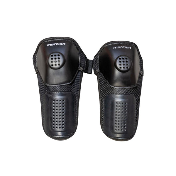 Mercian Penalty Corner Knee Pads front view featuring ventilated hard-shell knee protection and reinforced shin coverage designed for high-impact penalty corner defence situations.