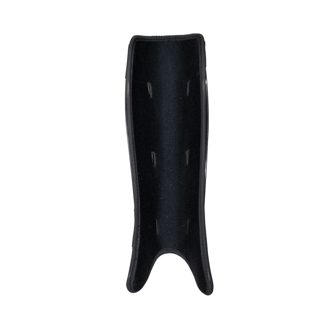Mercian SGEV26BLK black hockey shin guards rear view with contoured foam backing, ergonomic ankle cut-out and lightweight comfort-focused protection design.