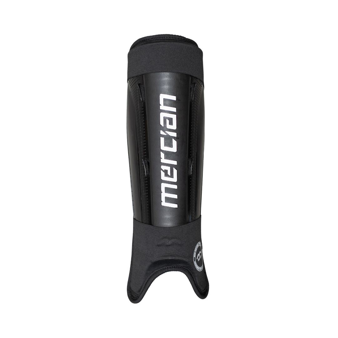 Mercian SGEV26BLK black hockey shin guards front view featuring integrated ankle sleeve, durable hard-shell shin protection and bold Mercian branding for secure all-game performance.