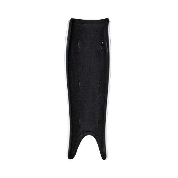 Mercian SGGE26BLK black hockey shin guards rear view showing curved ergonomic profile, ventilation slots and streamlined lower-leg protection design.