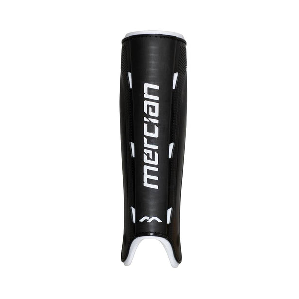 Mercian SGGE26BLK black hockey shin guards front view with lightweight hard-shell protection, anatomical fit and vertical Mercian branding.
