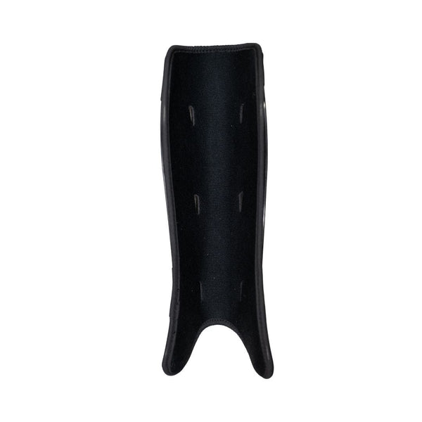 Mercian SGGE26WHT white hockey shin guards rear view showing ergonomic curved profile, ventilation slots and streamlined lower-leg protection system.